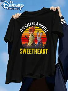 Disney Zootopia Retro Background Hustle Interactive Print Men's T-Shirt, Fashionable Design, Simple And Versatile, Fashionable Design, Crew Neck T-Shirt In Twill Fabric With Edge Trim, Casual Summer Men's T-Shirt - 黑色 - 查看 1