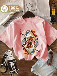 Camiseta Casual de Verano para Mujer con Estilo Vintage, Estampado de Cartas de Póker y Parejas Q J Corazón, Cuello Redondo, Manga Corta [Ling K] - Rosa - Ver 1
