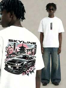Camiseta Gráfica con Estampado de Auto JDM Skyline R34 para Hombre, 100% Algodón, Ropa Casual Urbana, Camiseta de Manga Corta de Algodón con Diseño de Auto Japonés JDM Skyline R34 - Blanco - Ver 4