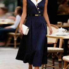 Vestido azul marino a rayas con cuello de contraste y cintura en línea A, encantador y elegante para uso diario, vacaciones, moda de citas, estilo francés retro y versátil, de manga larga y sin mangas, nuevo vestido camisa azul marino para primavera y verano - Multicolor - Ver 9