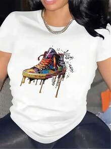 Short-Sleeve T-Shirt With Colorful Sneaker Graphic Design | Lightweight, Durable, Ideal For Casual Wear At Home, In The Office, Or Outdoors, Featuring A Vibrant Artistic Print And A Comfortable Fit, Crew Neck Style - 白色 - 查看 1
