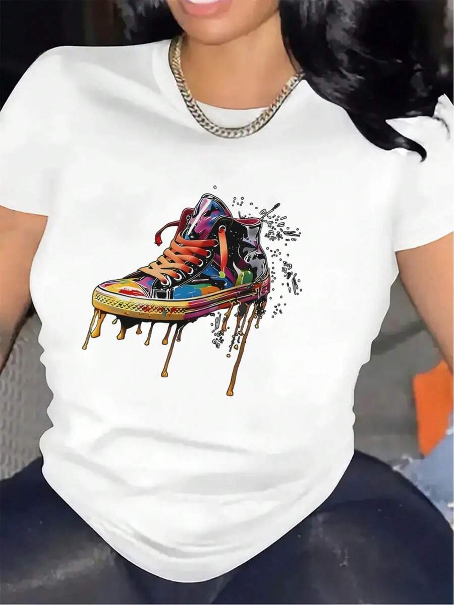 Short-Sleeve T-Shirt With Colorful Sneaker Graphic Design | Lightweight, Durable, Ideal For Casual Wear At Home, In The Office, Or Outdoors, Featuring A Vibrant Artistic Print And A Comfortable Fit, Crew Neck Style - 白色 - 查看 1