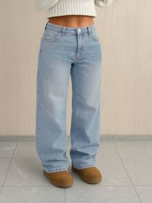 Jeans de pierna recta talla grande cómodos, longitud extendida, diseño con cremallera, tela sin estiramiento, casual - Azul - Ver 4