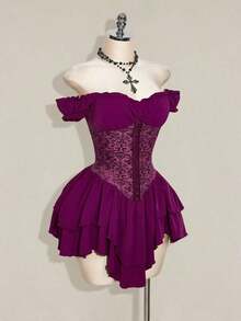 ICnn Vestido corto de gasa con volantes en el hombro, cintura fruncida y estampado jacquard para mujer, elegante para fiestas y uso casual - Morado - Ver 7