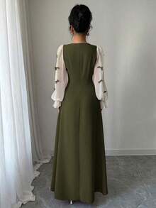 Vestido de mujer con parches tejidos, decoración de lazo y cintura ceñida - Verde militar - Ver 2