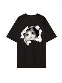 Women's 100% Cotton Summer Top With Cute Kitten Print, Wide Sleeves, And Dropped Shoulders. Vintage Summer T-Shirt. - Black - View 3
