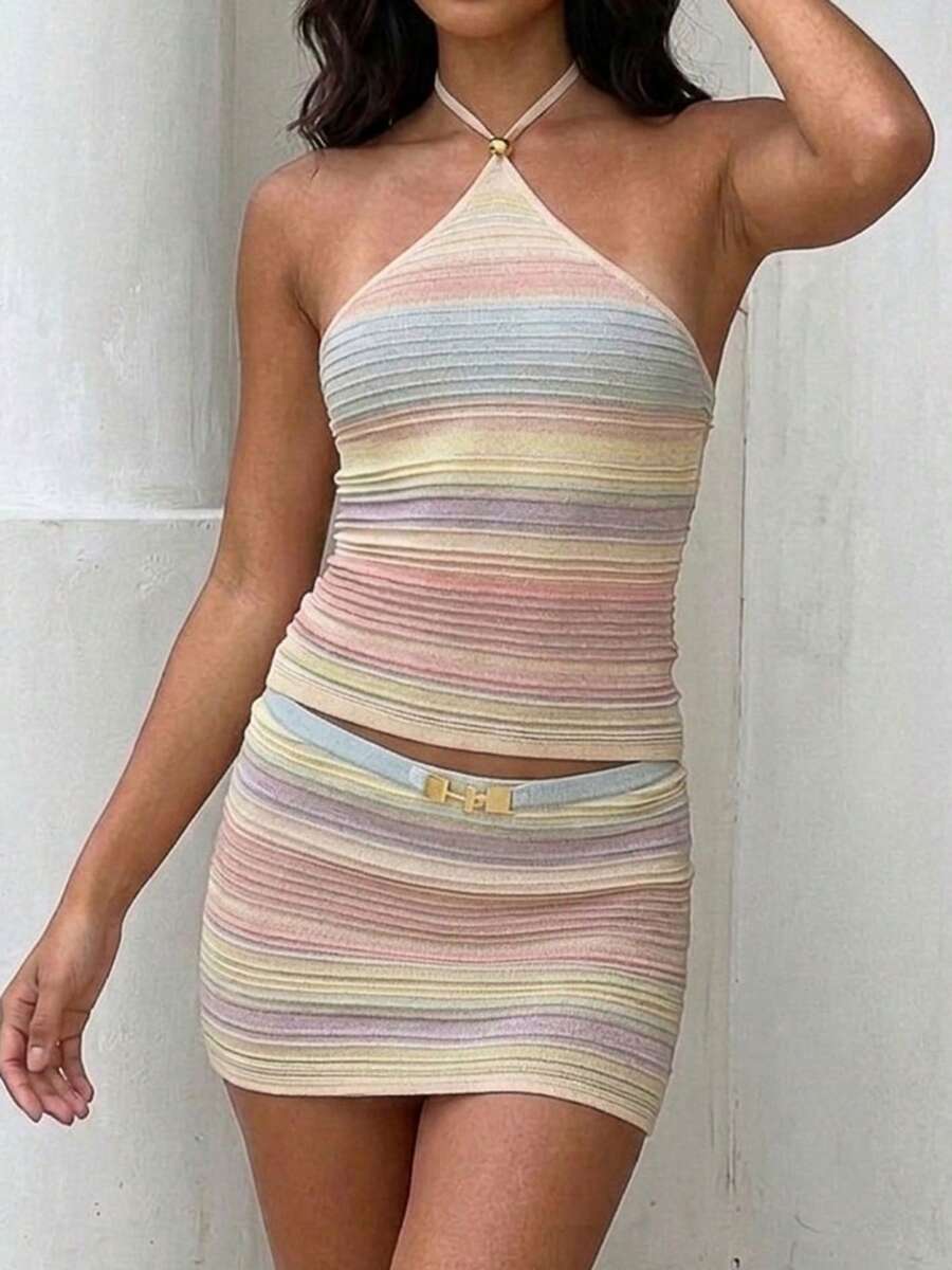 Women 2 Piece Knit Outfit Striped Mini Skirt Set Sexy Knit Crop Cami Tank Top Low Waist Bodycon Short Skirt Y2k Matching Going Out Party Beachwear - 彩色 - 查看 1
