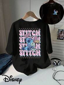 Disney Classic Cartoon Stitch And Little Golden T-Shirt With Double-Sided Print, Short-Sleeved Round-Neck Casual Top, Suitable For Summer And Spring, Short-Sleeved Top, Women's Clothing. - 黑色 - 查看 6