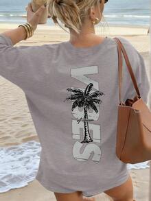 Women's Minimalist Coconut Tree Slogan Print Casual Round Neck Short Sleeve T-Shirt, Simple & Versatile, Suitable For Daily & Holiday Wear. Graphic Tee, Women, White, Black, Pink Summer Vacationsummer Outfits For Women 0SJU - 灰色 - 查看 8
