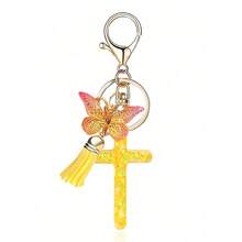 1個鋅合金樹脂十字架鑰匙圈，附蝴蝶吊墜與流蘇，亮片/真花鑲嵌，包包與鑰匙裝飾，節日與畢業禮物 - 彩色 - 查看 5