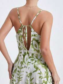 xheAveloria Frievida Vestido deslizante de gasa de estilo vintage con base blanca y estampado aleatorio verde, de bambú y aspecto de lino, con elaborada artesanía, diseño de falda acampanada, bajo romántico, técnica de impresión refinada, estilo bohemio natural, adecuado para vacaciones de verano, playa, fiesta, picnic, salida casualxhe - Multicolor - Ver 4