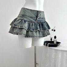 Nana's Women's Clothing Store  Minifalda de mezclilla con volantes en el bajo de unicolor para mujer - Caqui - Ver 7