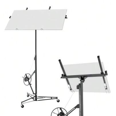 Foldable Drywall Panel Lifter: For Drywall Panels Up To 68 Kg, Height Adjustable From 180-470 Cm, 3 Wheels With Locking Brakes, 60° Tilt, Grey