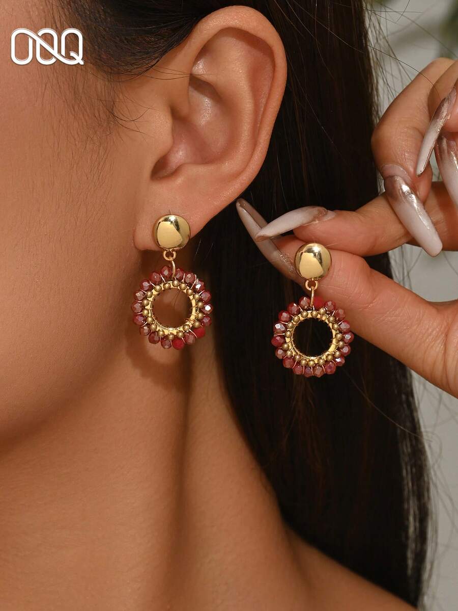 OOQ 1pc Vintage Bohemian Style Geometric Teardrop Faux Crystal Beaded Earrings, Fashionable & Charming Versatile Earrings For Girls And Women, Suitable For Daily Wear, Wedding Season, Valentine's Day Gift For Friends And Loved Ones (Handmade Beads In Random Colors, Quantities And Positions) - Burgundy - View 1