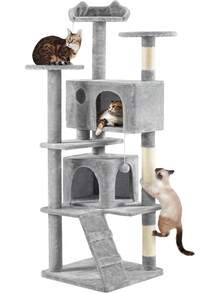 Dark Grey Multilevel Cat Tree Tower 138.5cm With Condos Ladder Scratching Posts Indoor Cat Climbing House Pet Activity Centre For Kittens - Light Grey - View 1