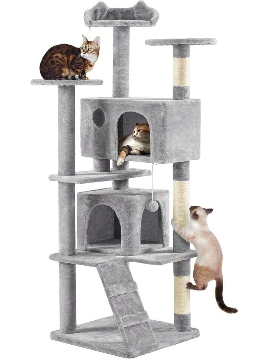 Dark Grey Multilevel Cat Tree Tower 138.5cm With Condos Ladder Scratching Posts Indoor Cat Climbing House Pet Activity Centre For Kittens - Light Grey - View 1