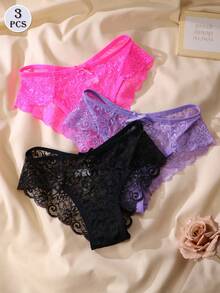 3pcs/Set Women's Low Waist Lace Sexy Thong Panties - Multicolor - View 3