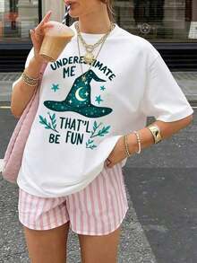 1PSCPlus Size Women's Plus Size Graphic T-Shirt With Witch Hat Print - Slogan "Underestimate My Ability, It'll Be Fun", Short Sleeve, Crew Neck, Casual Summer Style, Spring Blouse Suitable For Easter Gifts, Mother's Day Outfits, And Casual Wear. Classic Cotton Crew Neck T-Shirts With Fashionable Print, Lightweight And Breathable - Unisex Cotton Short Sleeve Crew Neck T-Shirt In Urban Vintage Style. Women's Blouses. Casual Blouses For Ladies. - 白色 - 查看 7