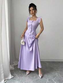 Vestido largo elegante estilo bohemio para vacaciones, con escote en V, mangas abullonadas, cintura ceñida, falda plisada de línea A, bolsillo con cremallera, cierre con botón de perla, adecuado para primavera/verano - Púrpura malva - Ver 5