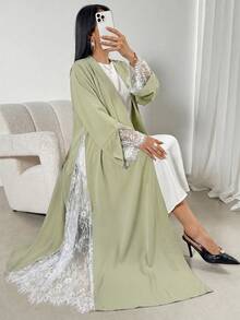 Women's Contrast Color Lace Patchwork Abaya - Green - View 3
