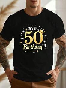 Men's Celebration T-Shirt "It's My 50th Birthday" - Black Crew Neck Short Sleeve T-Shirt With Shiny Gold Print, Casual Lightweight Summer Top, Birthday Party Decoration - 黑色 - 查看 6