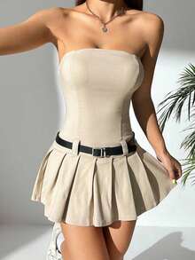 PETITE Vestido corto de verano con tubo sólido, dobladillo plisado y cinturón - Albaricoque - Ver 6