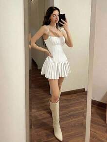 Vestido mini de verano de mujer elegante de salir, de unicolor y plisado - Blanco - Ver 4