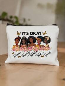 1 pieza Conjunto de bolsa con cita inspiradora blanca, bolso de mano + bolsa con "ESTÁ BIEN cometer errores, sé tú mismo" y 5 diseños de mujeres, bolsa de maquillaje con estampado floral para viajes, gimnasio, motivación diaria, conjunto de regalo inspirador para mujeres - multicolor - Ver 8