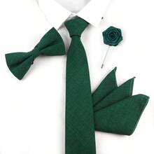 ZONFAZ 4pcs/Set Men's Versatile Solid Color Textured Tie & Bow Tie & Pocket Square & Lapel Pin Combination Set, Suitable For Work, Daily Wear, Weddings, Ceremonies, Performances And Parties - Dark Green - View 1