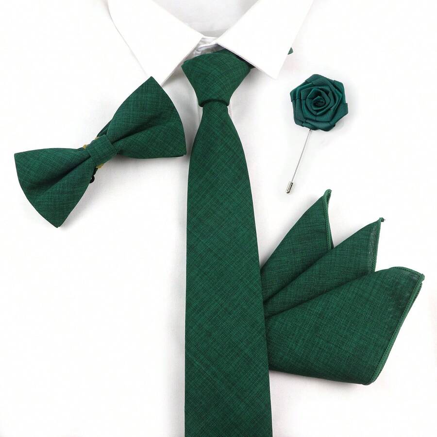 ZONFAZ 4pcs/Set Men's Versatile Solid Color Textured Tie & Bow Tie & Pocket Square & Lapel Pin Combination Set, Suitable For Work, Daily Wear, Weddings, Ceremonies, Performances And Parties - Dark Green - View 1