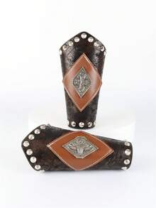 1pc Nordic Viking Rivet Faux Leather Arm Guard, Medieval Wristband With Badge, Suitable For Renaissance Festivals And Cosplay - A - View 5