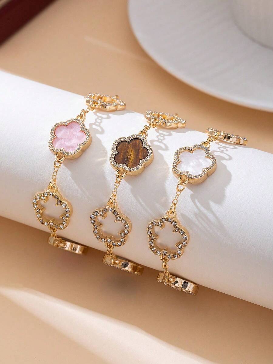 3pcs Elegant Luxury Rhinestone Embellished Multicolor Mixed Lucky Sweet Five-Leaf Clover Girls Bracelet Set, Stackable/Versatile - Multicolor - View 1