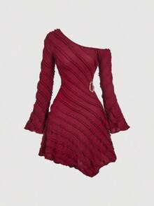 MOD Vestido de mujer con manga acampanada y hombro asimétrico en jacquard - Burdeos - Ver 12