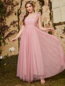 Unity Vestido De Malla Unicolor Con Detalle Fruncido - Rosa vieja - Ver 4