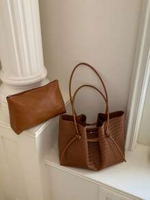 New Fashion Casual Solid Color PU Fabric Woven Embossed Lace-Up Women Tote Bag With Inner Pouch - A - View 13