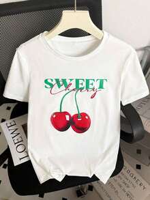 Camiseta casual de mujer de manga corta con cuello redondo, estampado de letras y flores de cerezo de verano - Blanco - Ver 3