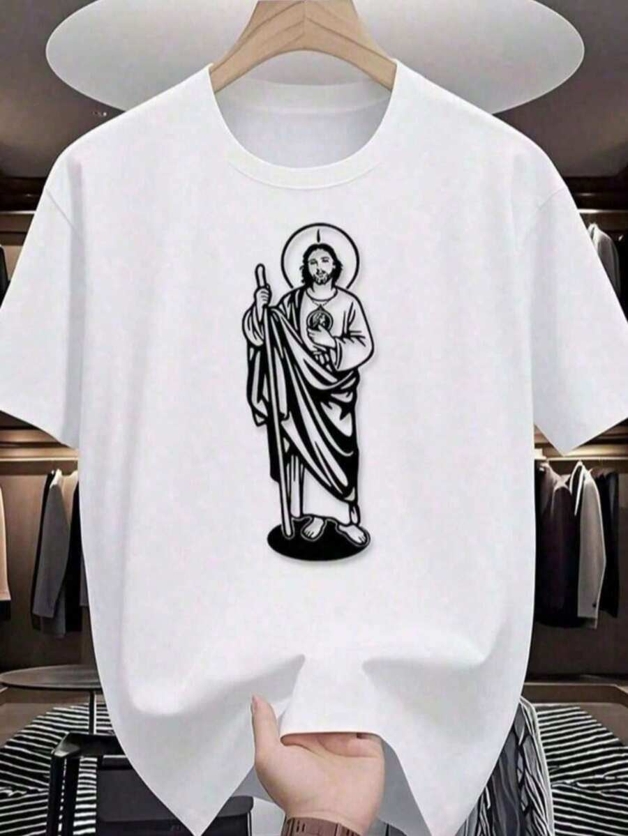 Local Warehouse, Men's T-Shirts, Men's Shirts, Men's Clothing, Men's Cotton T-Shirts, Tadeo 180g Black And White Cotton T-Shirt, Religious Print Design, High Quality Cotton Print, Crew Neck, Relaxed Fit, Unisex, Breathable, Versatile, Machine Washable, Comfortable, Sizes S ~ 3XL, Daily Wear, Casual, Sporty, Summer Essential - 白色 - 查看 1