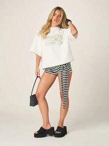 Camiseta de Manga Corta con Cuello Redondo y Estampado Gráfico de Postal en Tamaño Grande, Camiseta Casual para Vacaciones de Verano - Blanco - Ver 4