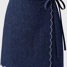 YijiaNvz  Minifalda de algodón de mezclilla oscura con dobladillo festoneado. Falda de verano simple y linda. - Azul lavado oscuro - Ver 7