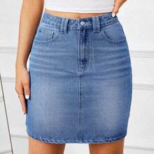 guang zhou mi qian shang mao  Tall Falda vaquera casual de talle alto con bolsillos para mujer - Lavado ligero - Ver 2