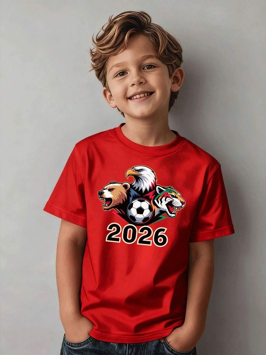 Casual Sports T-Shirt For Kids With Soccer Ball, Eagle, Bear And Tiger Graphic, Ideal For Children Aged 5-13, Perfect For Parties And Christmas Gifts In 2026 - 白色 - 查看 1