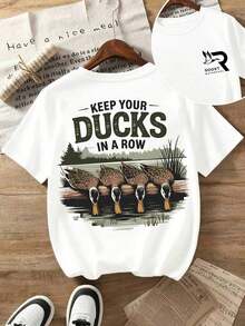 Summer Reversible Printed Short Sleeve T-Shirt For Boys And Girls | Keep Your Ducks In Line (Print) | Stylish And Versatile | Unisex Casual Wear | Perfect For Outdoor Adventures, Hunting And Camping. - White - View 1