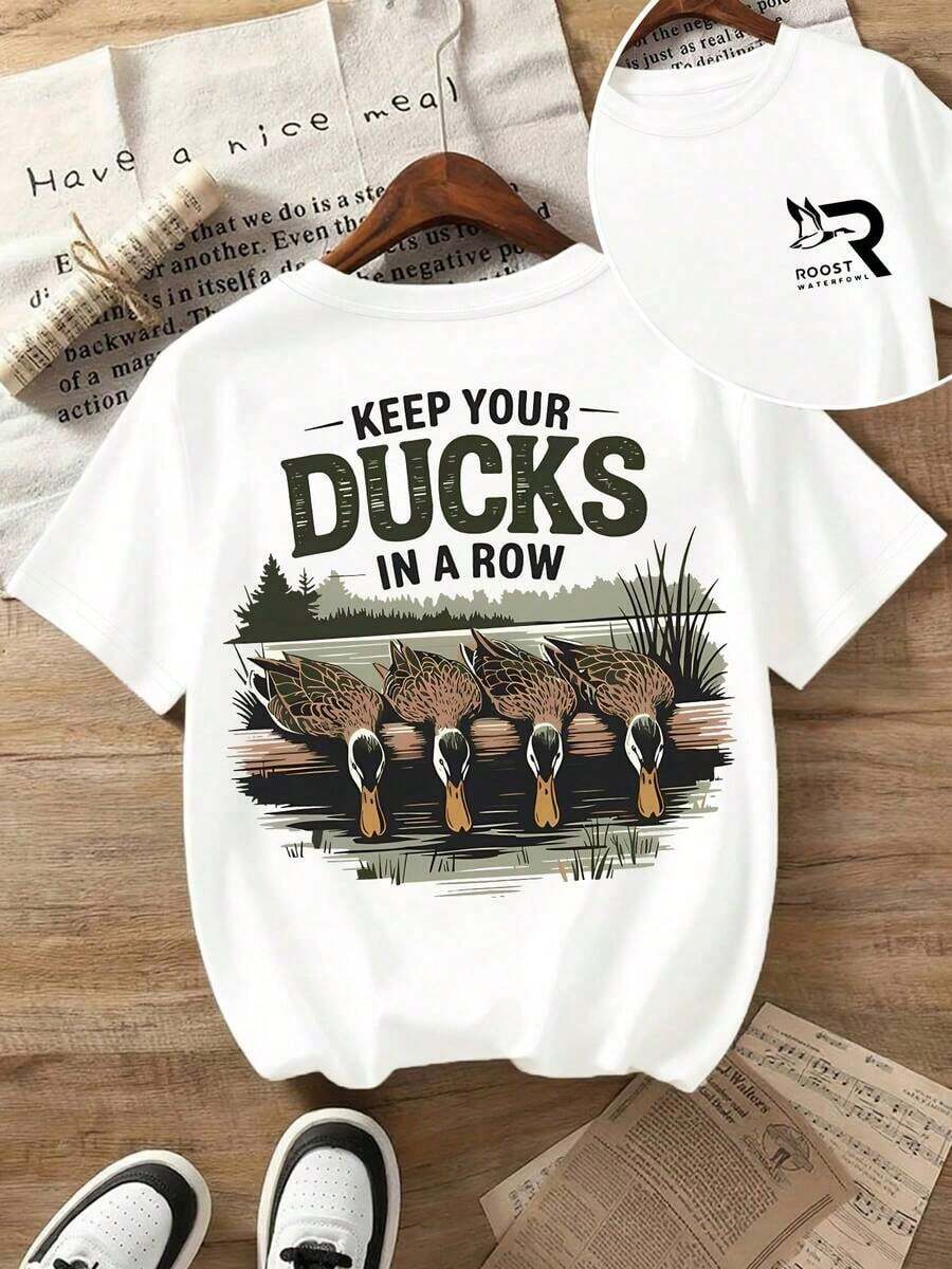 Summer Reversible Printed Short Sleeve T-Shirt For Boys And Girls | Keep Your Ducks In Line (Print) | Stylish And Versatile | Unisex Casual Wear | Perfect For Outdoor Adventures, Hunting And Camping. - White - View 1