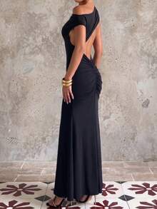 Elegant Long Ruffle Trim Spaghetti Strap Backless Fitted Cocktail Dress, Pleated Pink Summer Evening Party Dress For Women - Black - View 8