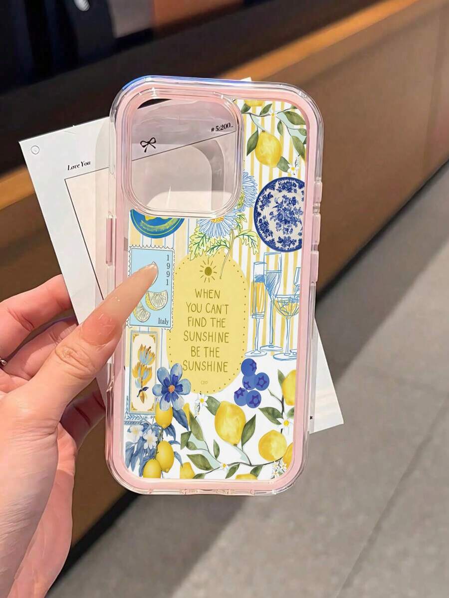 1pc Pink & Blue Ceramic Lemon Pattern Minimalist Personalized TPU Shockproof Full Coverage Phone Case, Compatible With Apple 17, 16, 15, 14, 13, 12, 11 Pro Max, Air, And Series - Multicolor - View 1