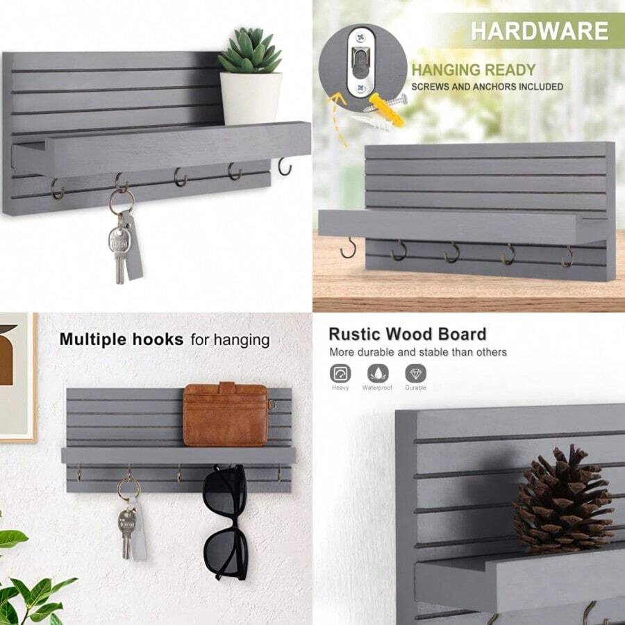 Decorative Key Holder For Wall With Shelf, Entryway Shelf With Hooks Holds Leashes, Jackets And Glasses Sturdy Keyholder Entrance Hanger With Mounting Hardware - Gray - View 1