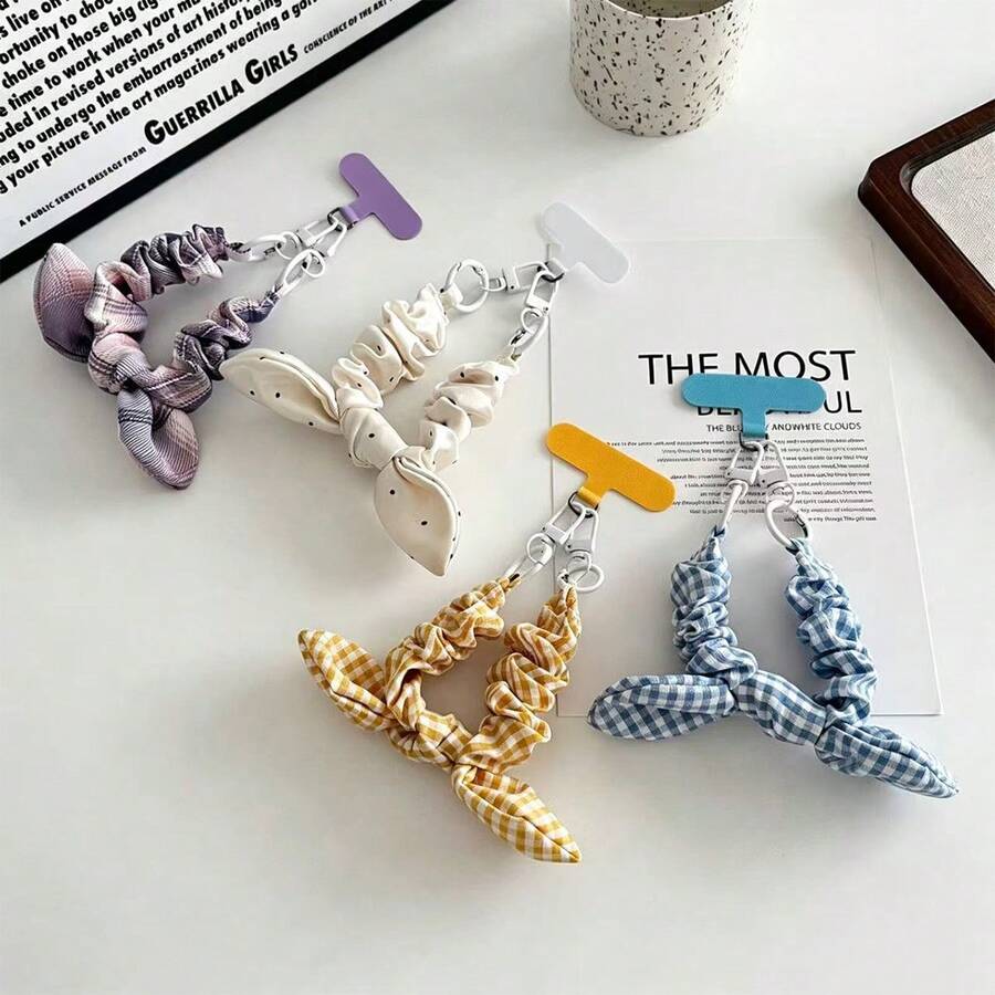 1pc Bow Tie Phone Lanyard With Elastic Strap, Plaid Ruffle Fabric Wrist Strap, Cute Double Buckle Short Hanging Accessory, Camera Strap, Keychain, Phone Case Strap With Pad - Multicolor - View 1