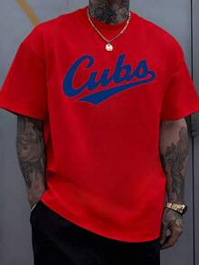 Men's Classic Cubs Sports T-Shirt, Urban Style, Loose Fit, 100% Cotton, Vintage Graphic Digital Print, For Summer, Fitness, Outdoor Fashion - 紅色 - 查看 7