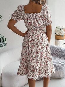 Women's Casual Vacation Elastic Drawstring Short Sleeve Ditsy Floral Dress, Spring/Summer Elegant - White - View 2
