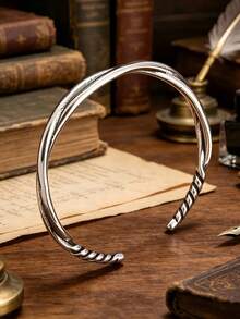 1pc Vintage Classic Minimalist Twisted Design Open Bangle Bracelet, Men's Fashion Distressed Cuff Wrist Jewelry Accessory Gift, Suitable For Daily Wear - Silver - View 3